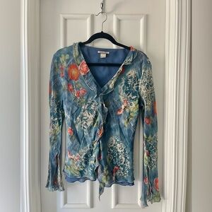 Chelsea & Violet Y2K Silk Floral V-Neck Longsleeve Blue Blouse